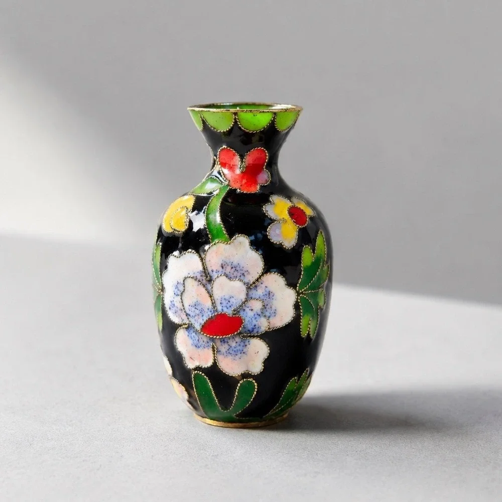 Vintage Miniature Cloisonne Floral Vase Black Enamel Peony Design 3.25 Inch
